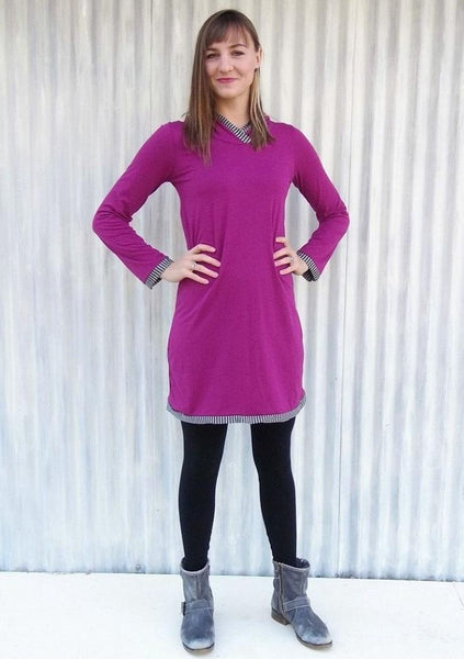 Organic Long Sleeve Hooded Tunic Dress with Stripe Detail - Custom Made - Laurel Tunic - Handmade Organic Clothing
