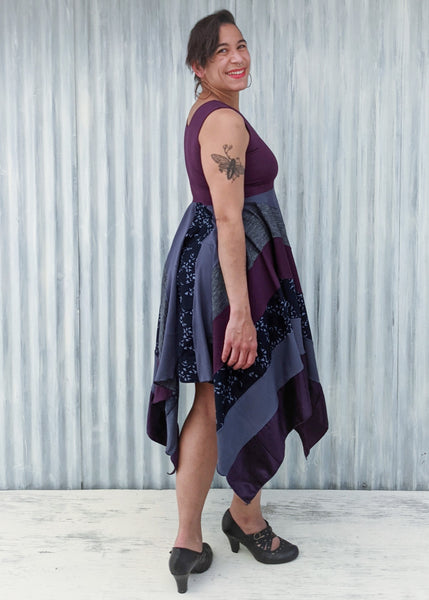 Purple Spring Dress with Unique Patchwork Skirt and Square Design