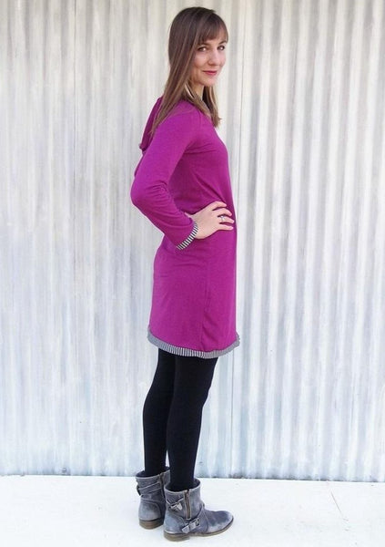 Organic Long Sleeve Hooded Tunic Dress with Stripe Detail - Custom Made - Laurel Tunic - Handmade Organic Clothing