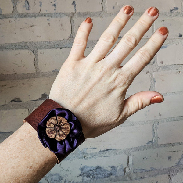 Salvaged Leather Cuff Bracelet with Pinwheel Flower - Handmade Organic Clothing