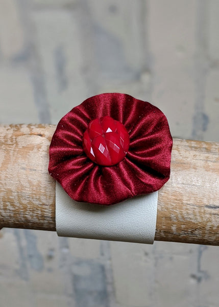 Salvaged Leather Cuff Bracelet with Pinwheel Flower - Handmade Organic Clothing
