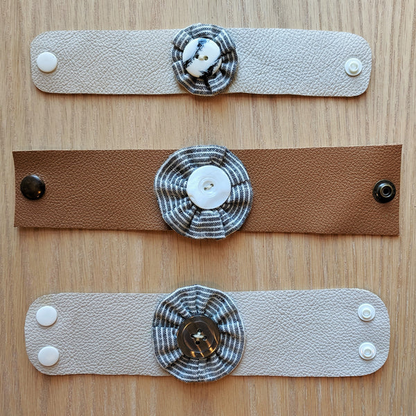 Salvaged Leather Cuff Bracelet with Pinwheel Flower - Handmade Organic Clothing