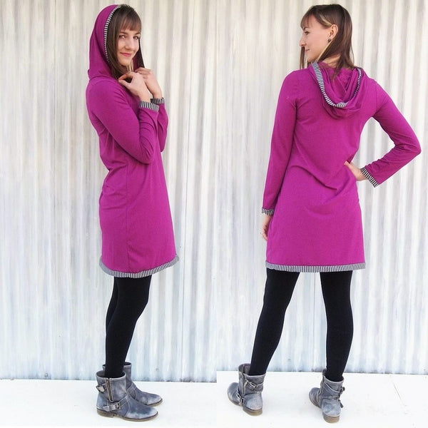 Organic Long Sleeve Hooded Tunic Dress with Stripe Detail - Custom Made - Laurel Tunic - Handmade Organic Clothing