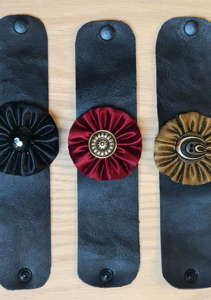 Salvaged Leather Cuff Bracelet with Pinwheel Flower - Handmade Organic Clothing