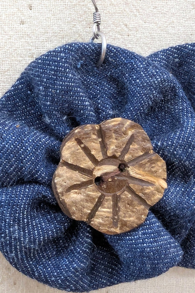Denim & Wood Flower Earrings