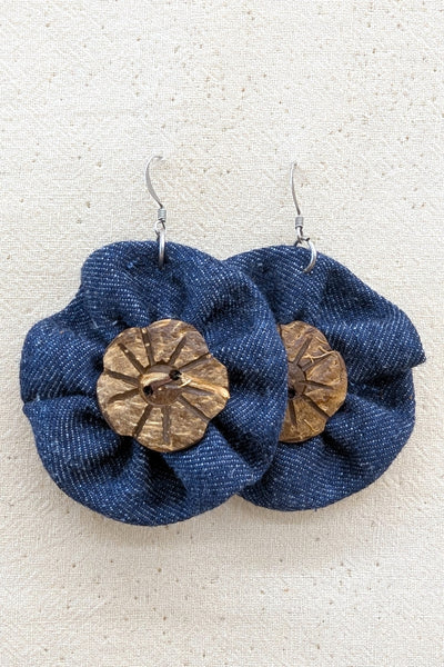 Denim & Wood Flower Earrings