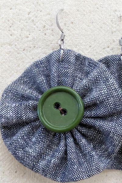 Chambray & Green Flower Earrings