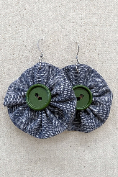Chambray & Green Flower Earrings