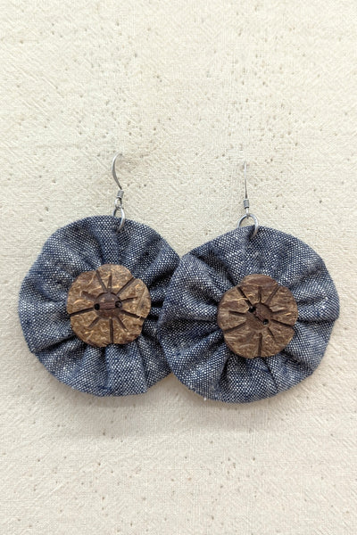 Chambray & Wood Flower Earrings