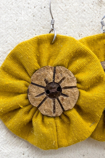 Yellow & Wood Flower Earrings