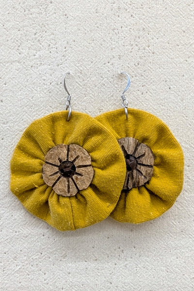 Yellow & Wood Flower Earrings