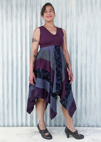 Unique Purple Summer Dress with Patchwork Skirt