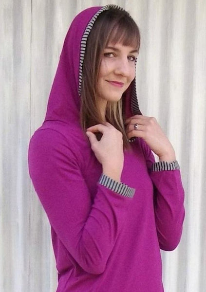 Organic Long Sleeve Hooded Tunic Dress with Stripe Detail - Custom Made - Laurel Tunic - Handmade Organic Clothing