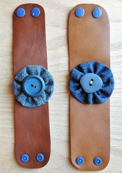 Salvaged Leather Cuff Bracelet with Pinwheel Flower - Handmade Organic Clothing