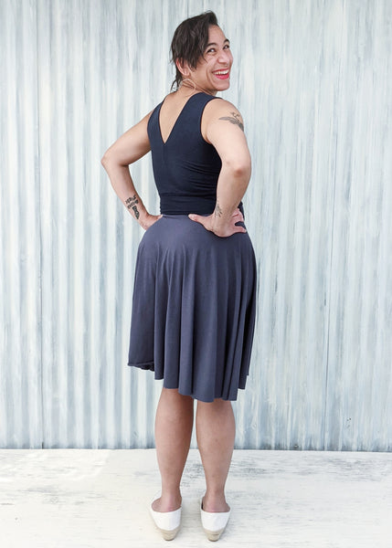 Basic Gray Mid Length Circle Skirt with Adjustable Band