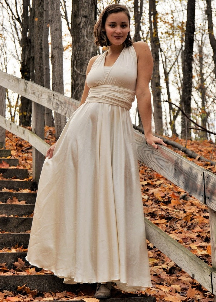 organic silk wedding dress Gala Coralie Silk Wedding Dress V-neckline Tailored Waist Fluid Skirt Heavyweight Upcycled Bridal Reception Ceremony Gown S