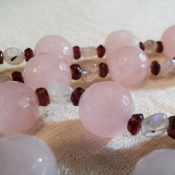Rose Quartz Necklace with Clear & Ruby Spacers - Handmade Organic Clothing