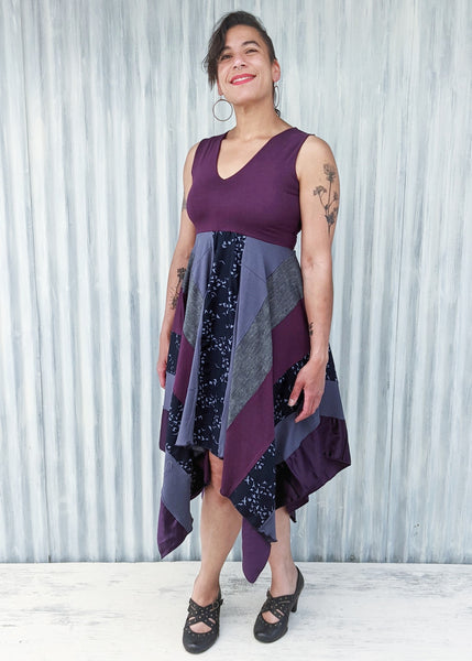 Purple Patchwork Dress with Unique Square Design