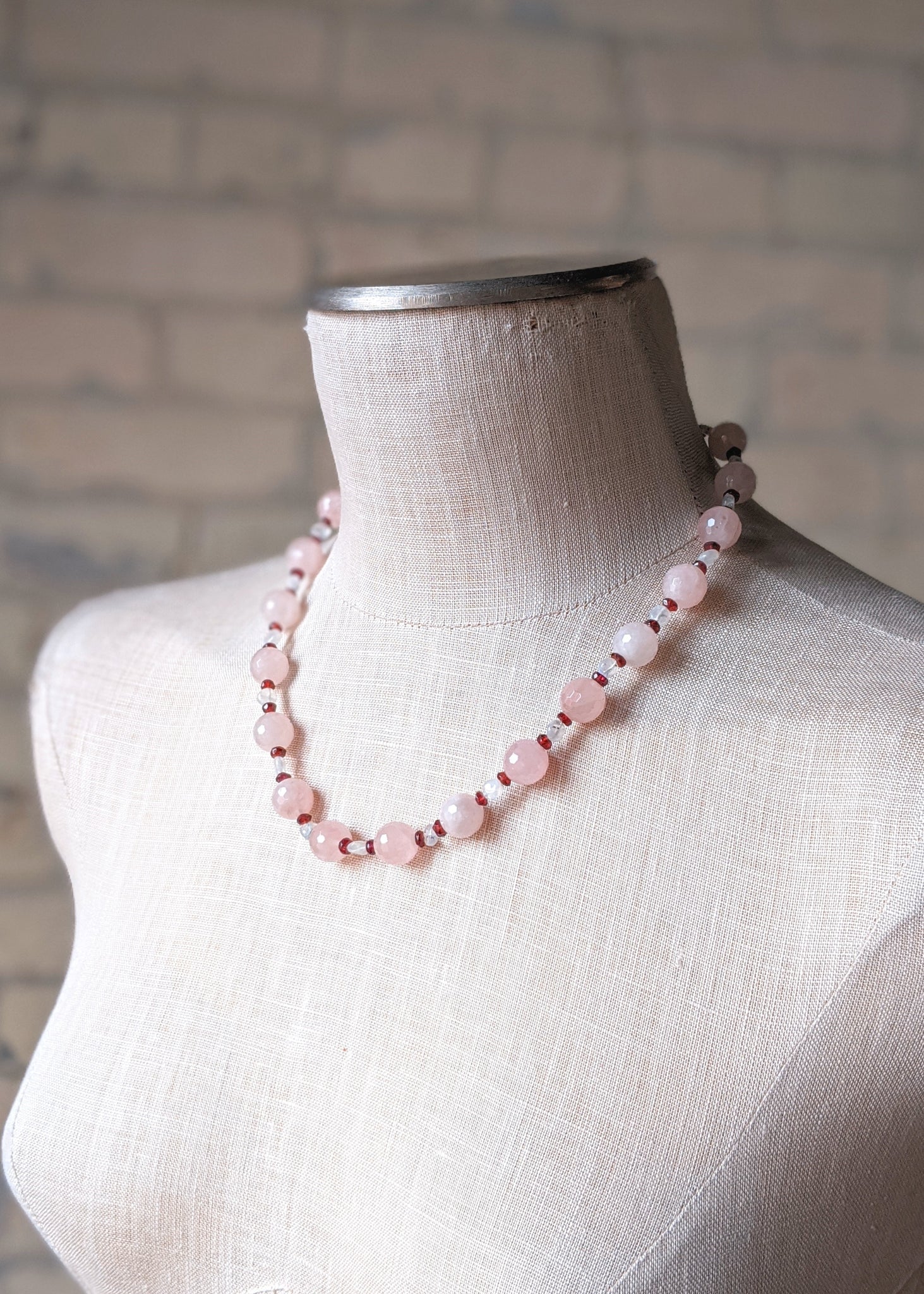 Rose Quartz Necklace with Clear & Ruby Spacers - Handmade Organic Clothing