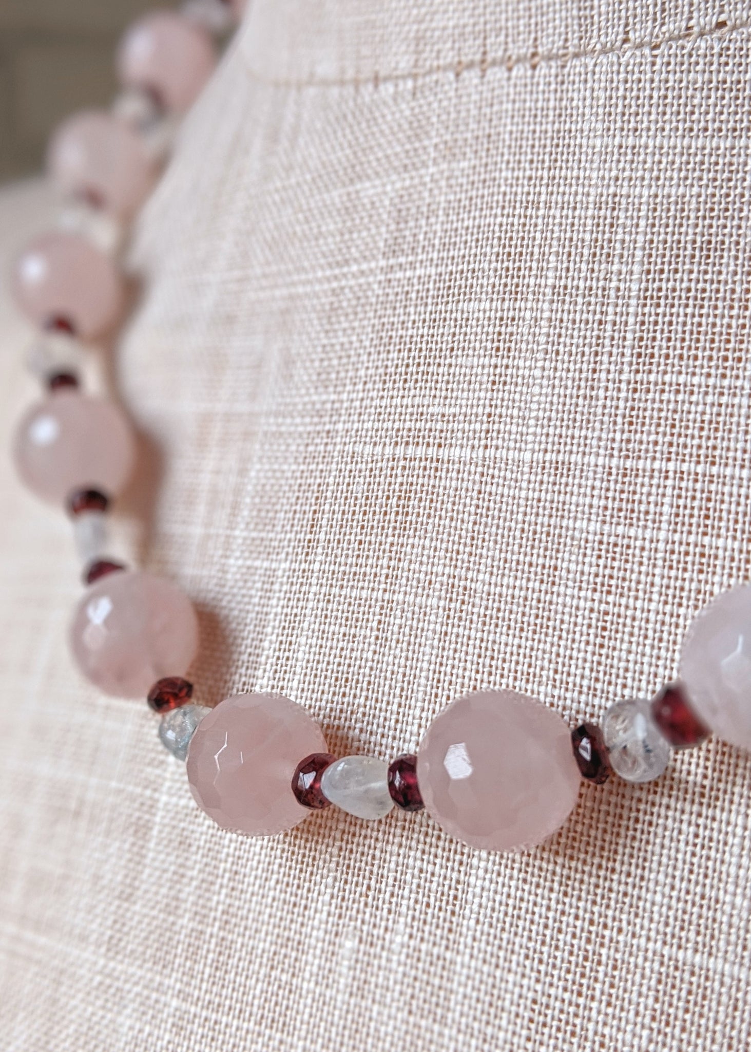 Rose Quartz Necklace with Clear & Ruby Spacers - Handmade Organic Clothing