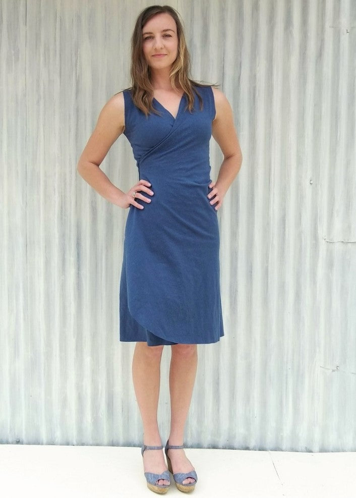 blue summer wrap dress Midi Sleeveless Hemp & Organic Cotton Wrap Dress