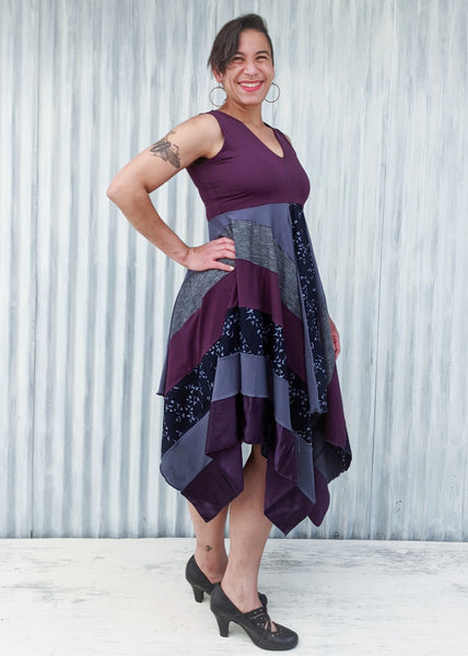 Purple Square Dress with Patchwork Skirt and Solid Top